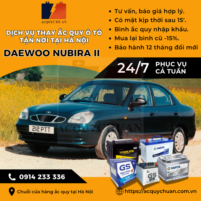Ắc quy ô tô xe Daewoo Nubira II - dịch vụ lắp đặt tận nơi tại Hà Nội