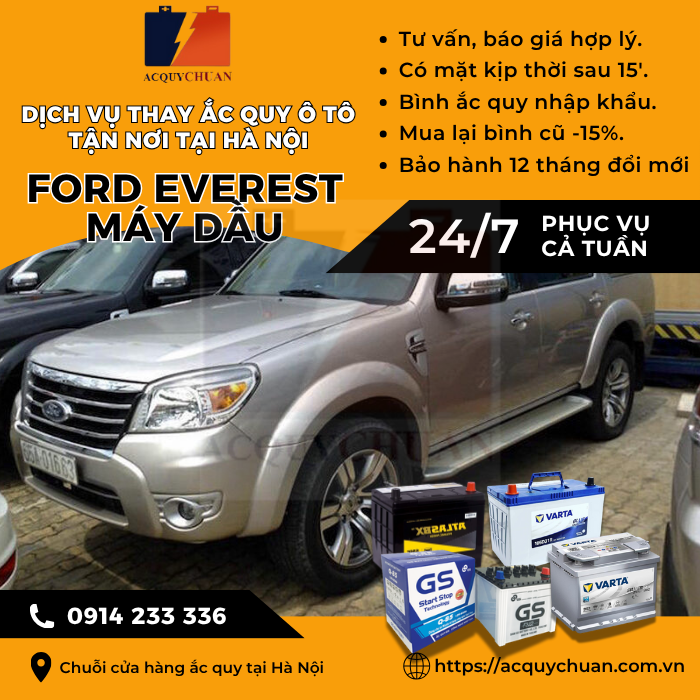Ắc quy ô tô xe Ford Everest máy dầu - cứu hộ, thay lắp tận nơi tại Hà Nội