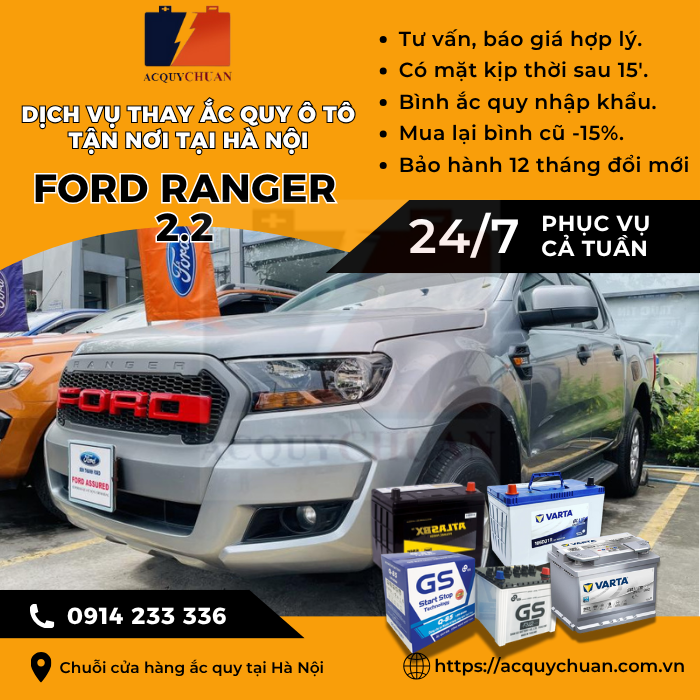 Ắc quy ô tô xe Ford Ranger 2.2 - cứu hộ, thay lắp tận nơi tại Hà Nội