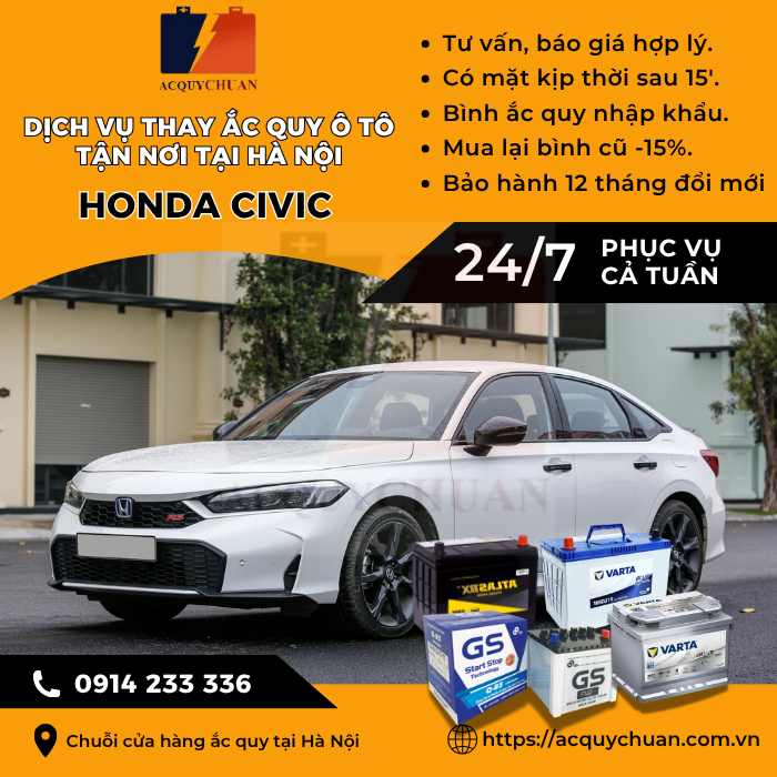 Ắc quy ô tô xe Honda Civic - cứu hộ, thay lắp tận nơi tại Hà Nội