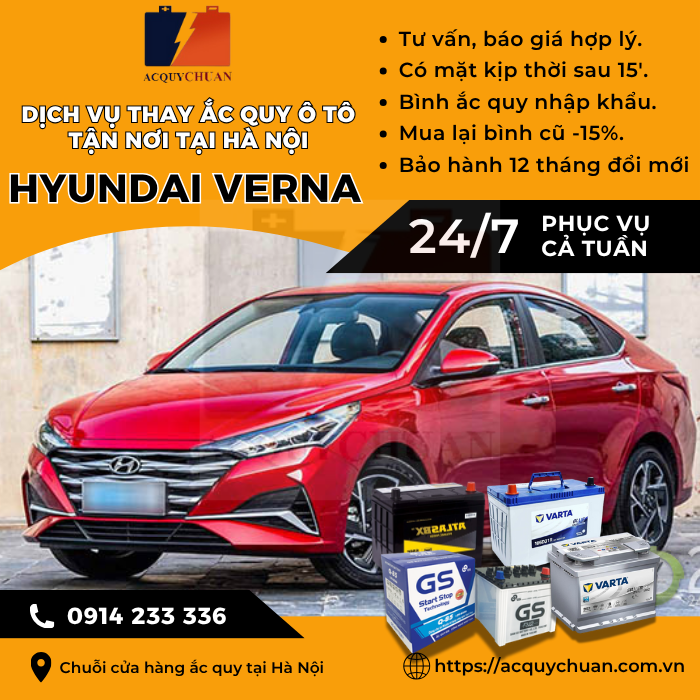 Ắc quy ô tô xe Hyundai Verna - cứu hộ, thay lắp tận nơi tại Hà Nội