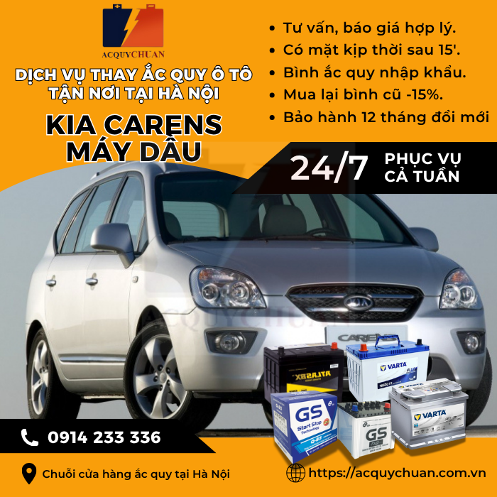 Ắc quy ô tô xe Kia Carens máy dầu - cứu hộ, thay lắp tận nơi tại Hà Nội