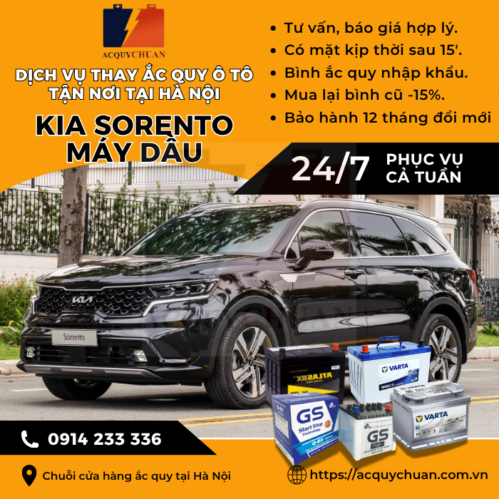 Ắc quy ô tô xe Kia Sorento máy dầu - cứu hộ, thay lắp tận nơi tại Hà Nội