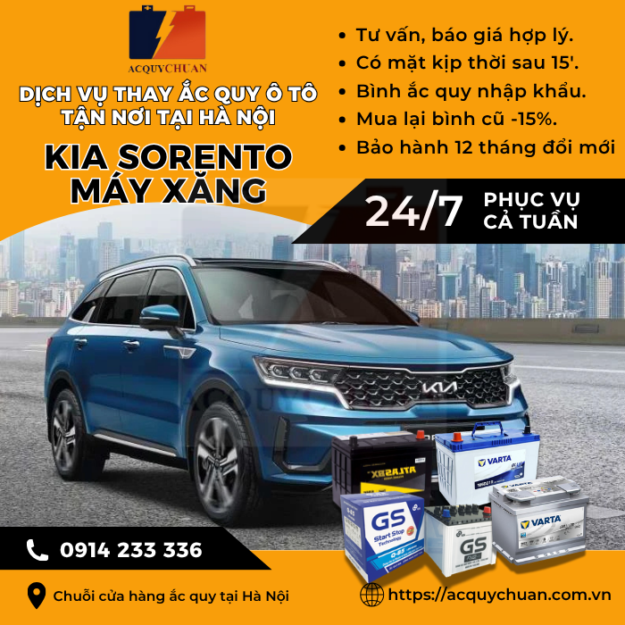 Ắc quy ô tô xe Kia Sorento máy xăng - cứu hộ, thay lắp tận nơi tại Hà Nội