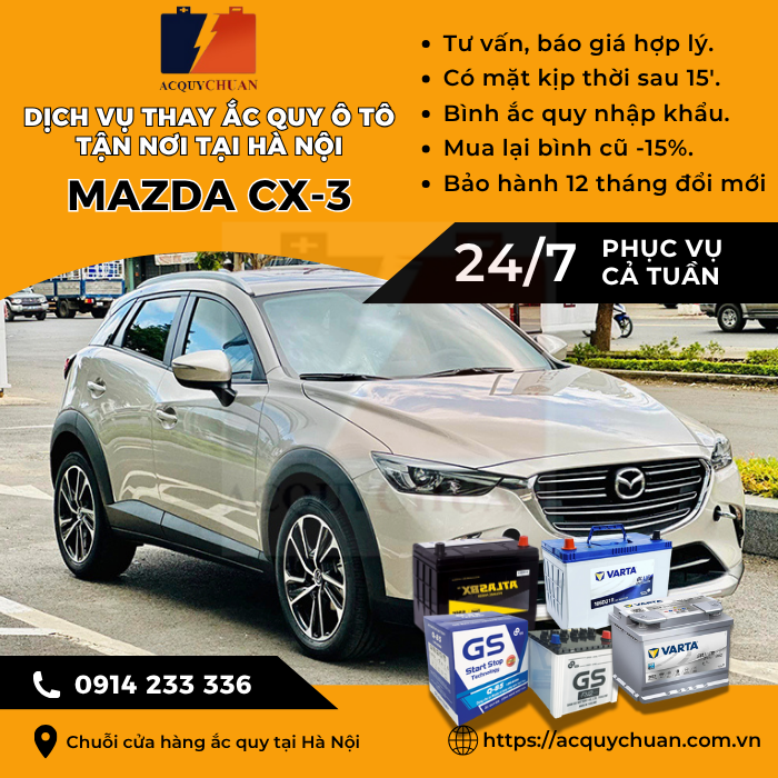 Ắc quy ô tô xe Mazda CX-3 - cứu hộ, thay lắp tận nơi tại Hà Nội
