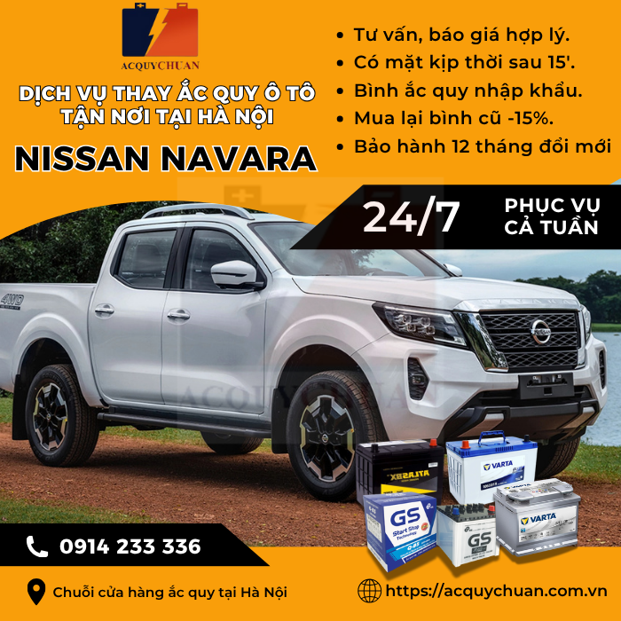 Ắc quy ô tô xe Nissan Navara - cứu hộ, thay lắp, giá bán tại Hà Nội.