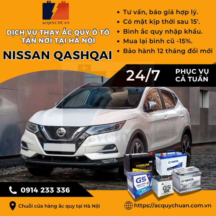Ắc quy ô tô xe Nissan Qashqai - cứu hộ, thay lắp, giá bán tại Hà Nội.
