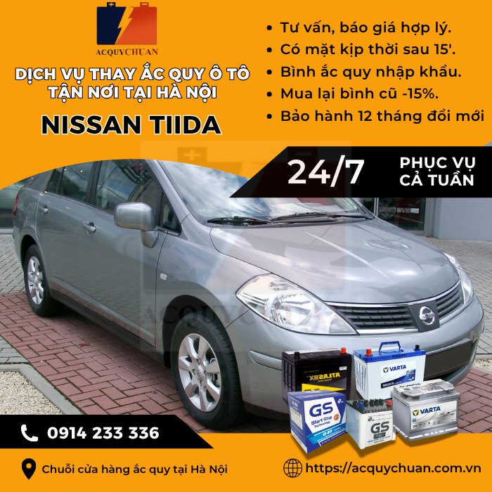 Ắc quy ô tô xe Nissan Tiida - cứu hộ, thay lắp, giá bán tại Hà Nội.
