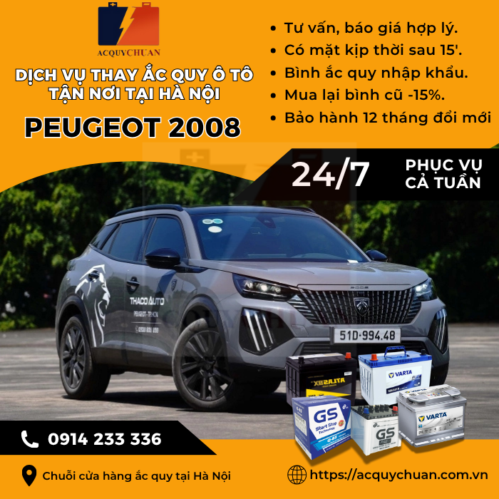 Ắc quy ô tô xe Peugeot 2008 - cứu hộ, thay lắp tận nơi tại Hà Nội