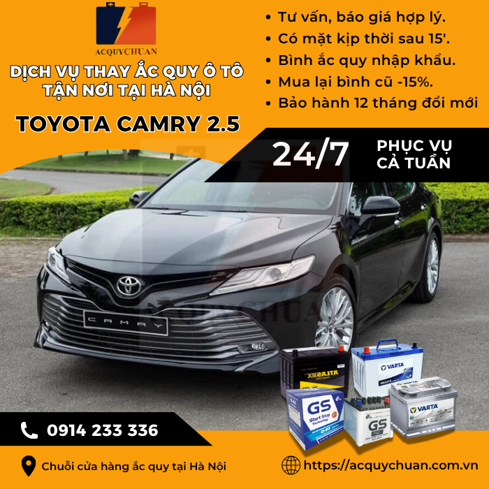 Ắc quy ô tô xe Toyota Camry 2.5 - cứu hộ, thay lắp tận nơi tại Hà Nội