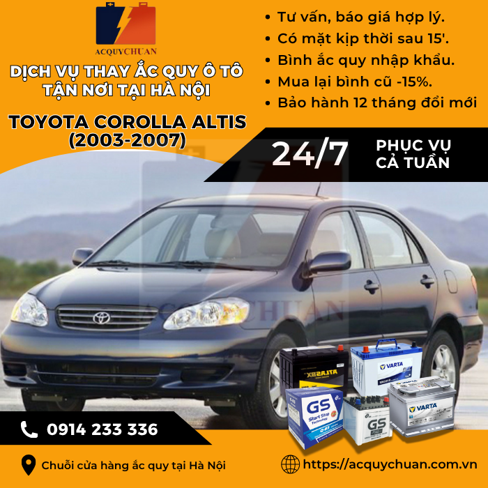 Ắc quy ô tô xe Toyota Corolla Altis (2003-2007) - cứu hộ, thay lắp tận nơi tại Hà Nội