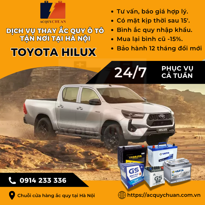 Ắc quy ô tô xe Toyota Hilux - cứu hộ, thay lắp tận nơi tại Hà Nội.