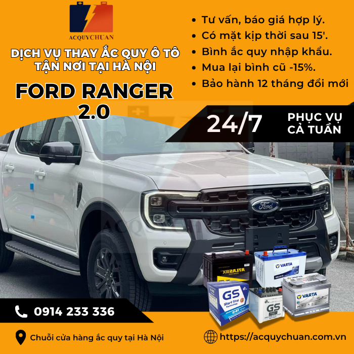 Ắc quy ô tô xe Ford Ranger 2.0 thay tận nơi uy tín Hà Nội