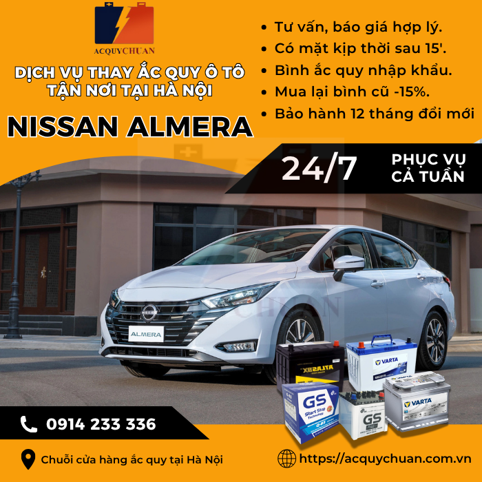 Ắc quy ô tô xe Nissan Almera thay lắp tận nơi tại Hà Nội