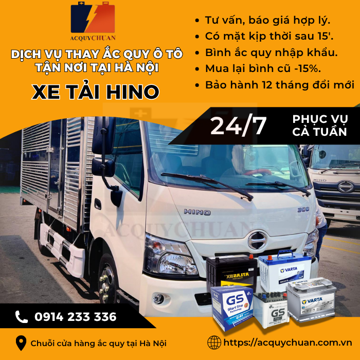 Ắc quy xe tải Hino - thay lắp tận nơi uy tín tại Hà Nội